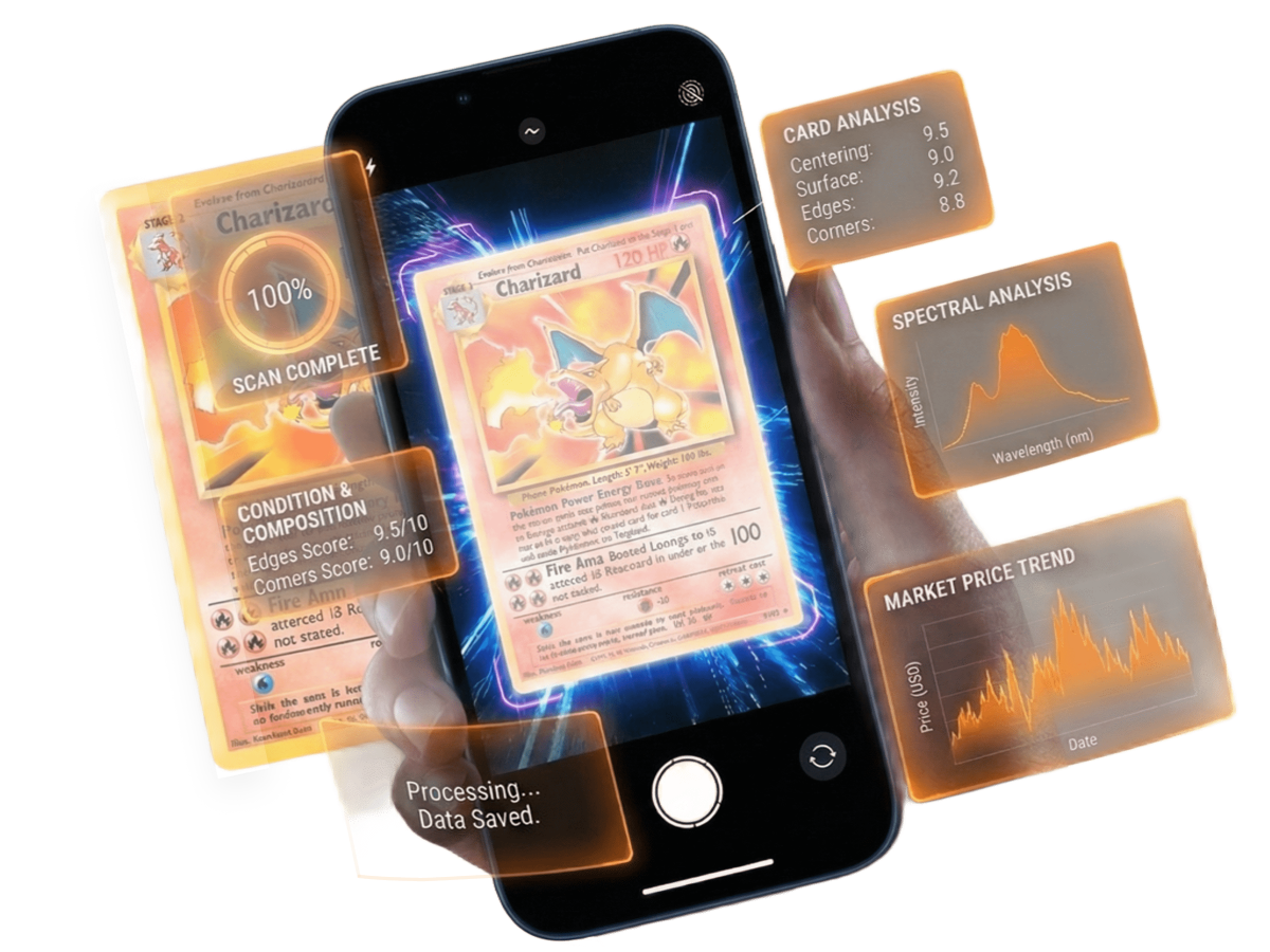 AXCIアプリでポケモンカードをスキャンし、センタリングや状態を分析している様子